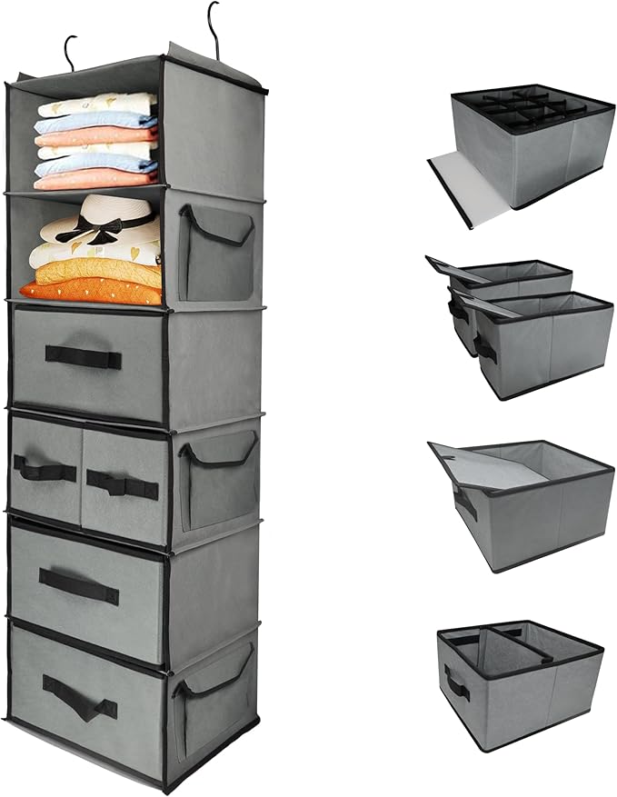 6-Tier Hanging Shelves with 5 Drawers & 3 Side Pocket, Durable Fabric Hanging by Folzaelar