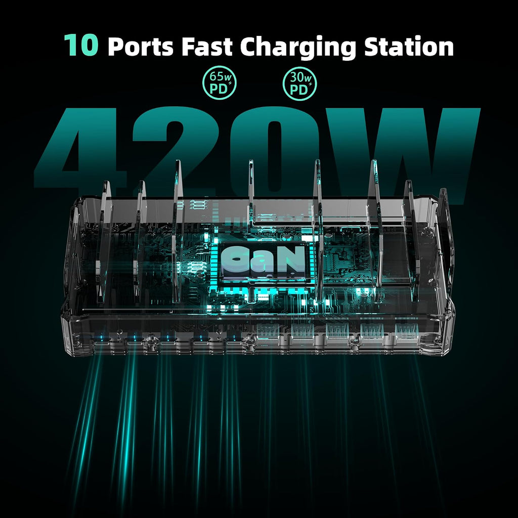 420W 10-Port Fast USB Charging Station for Multiple Devices, Black