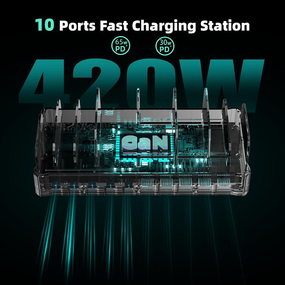 420W 10-Port Fast USB Charging Station for Multiple Devices, Black