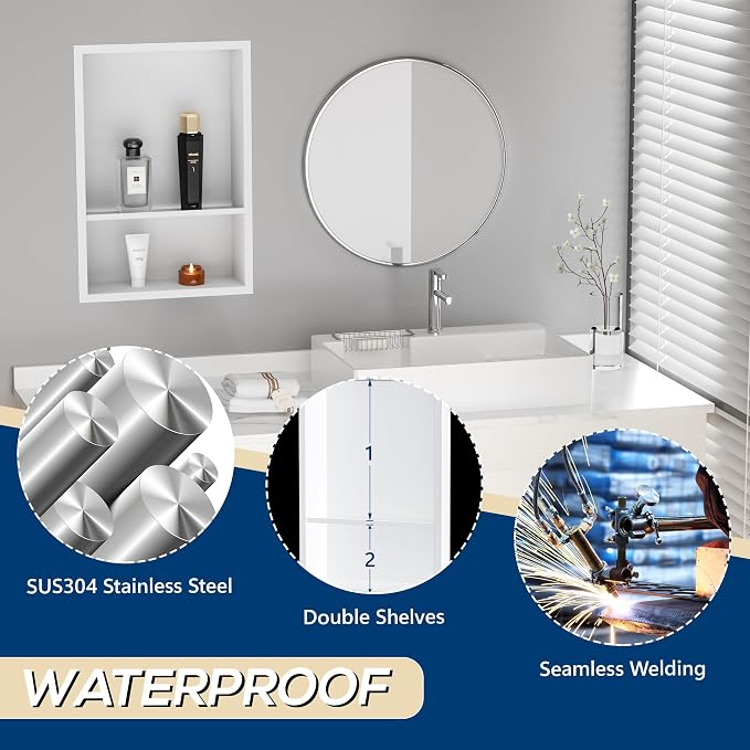 Stainless Steel Shower Niche 18" X 12", No Tile Needed Wall Niche Double Shelves - Image 6