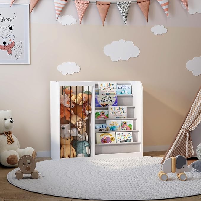 White Kids Bookshelf & Stuffed Animal Net Holder Plush Toy Storage Organizer - Image 3