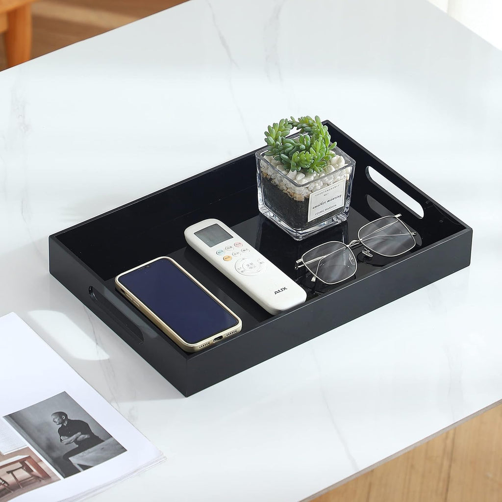 Black Oversize Acrylic Serving Tray with Handles 10x15 Inch -Spill