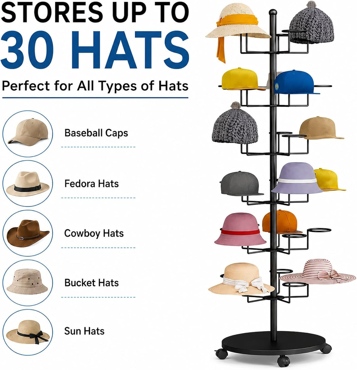 Hat Rack Stand 30-Hooks, Hat Display Stand Metal