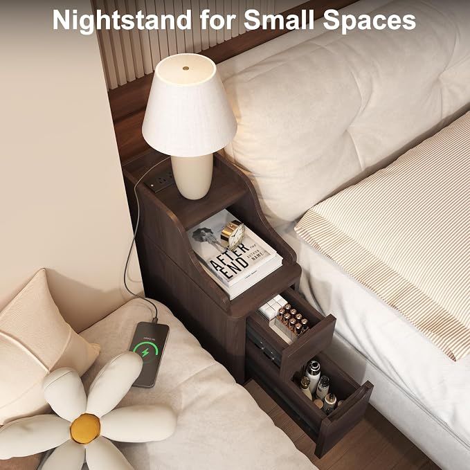 Narrow Nightstand with Drawers, Wood Night Stand with Charger Station, Narrow - Image 4
