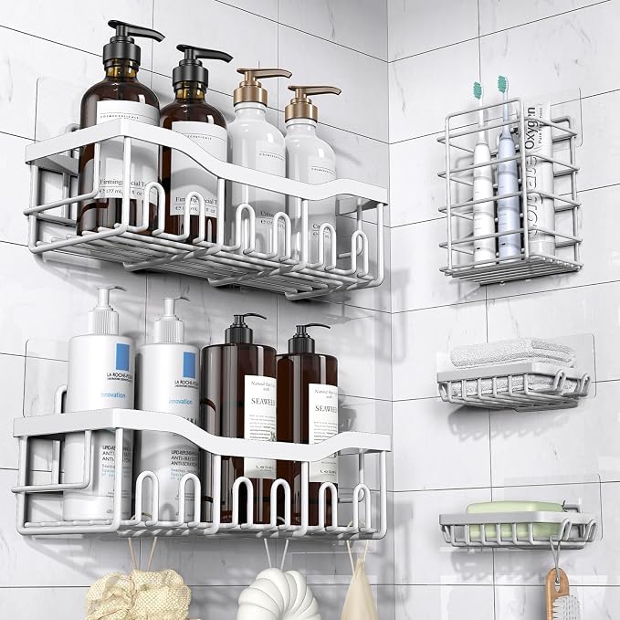 EUDELE 5-Pack Rustproof Stainless Steel Shower Caddy Set– No Drill Adhesive by EUDELE