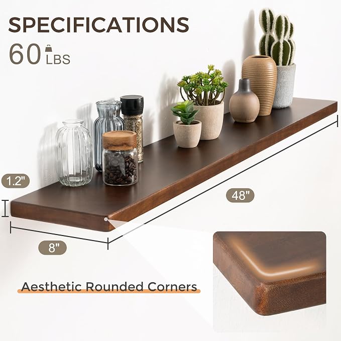 48" Rustic Walnut Wood Floating Shelves, 8 Inch Deep Wall Shelves - Image 3