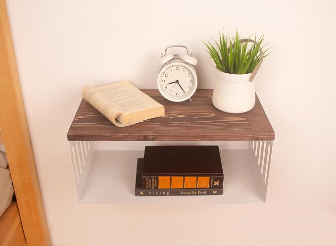 Floating Nightstand with White Metal Base, Wooden Top and Sturdy Metal Base - Image 2