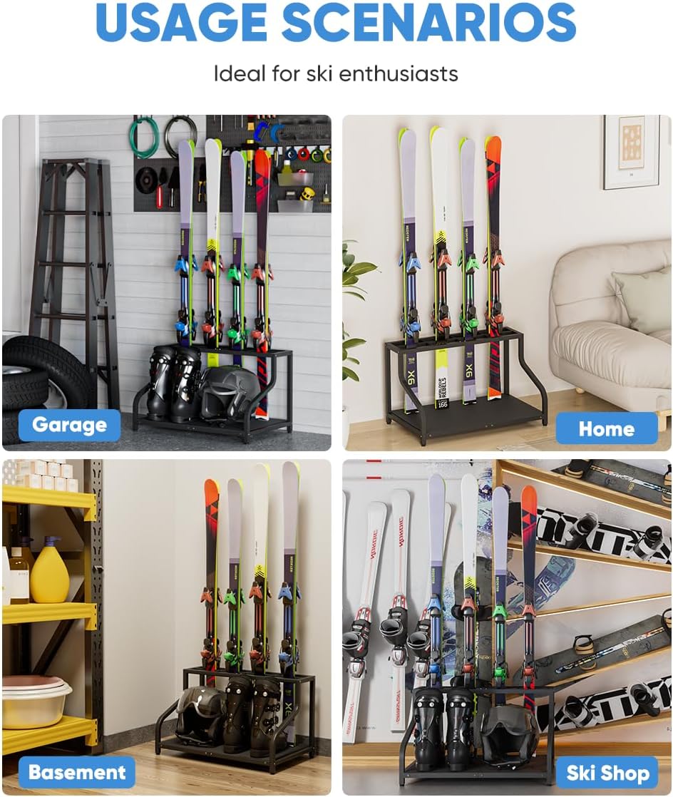Mondazie Ski Storage Rack for Garage, 4 Pair Black