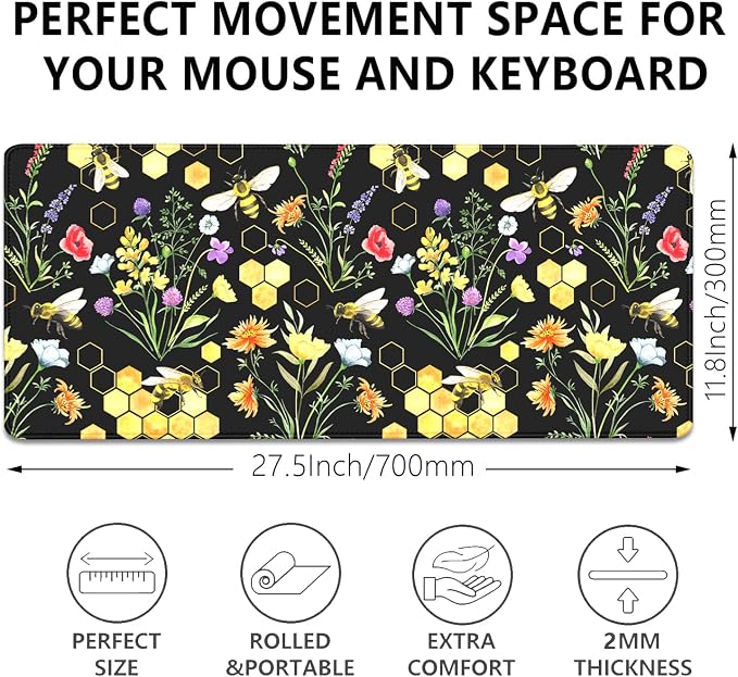 Bees and Honeycombs Mouse Pad, XL Large Wildflowers Mousepad Desk Pad - Image 3