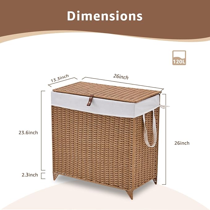 Laundry Hamper with Lid and Removable Liner Bag, Handwoven Rattan Clothes - Image 2