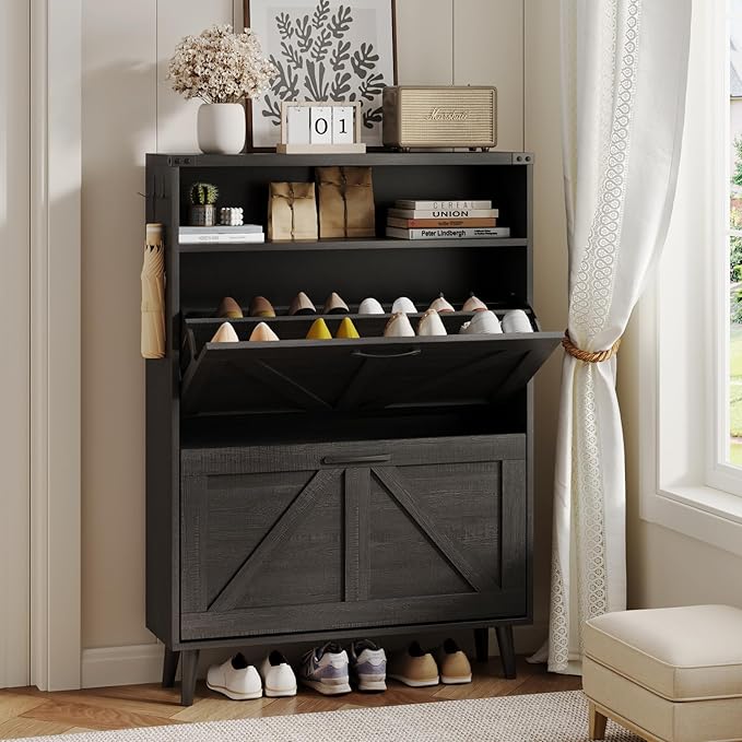 Shoe Cabinet with 2 Flip Drawers & Open Storage, Farmhouse Shoe Storage Cabinet by Halitaa