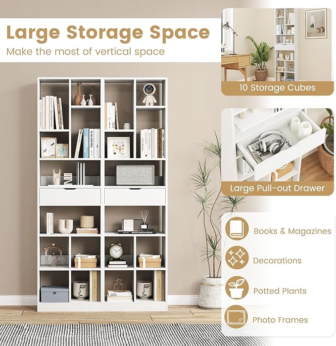 Giantex 71" Bookcase with Drawer, Tall Freestanding Bookshelf with 10 Open Cubes - Image 5
