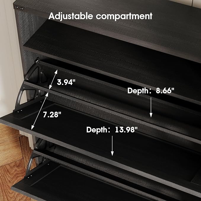Shoe Cabinet with 2 Flip Drawers & Open Storage, Farmhouse Shoe Storage Cabinet - Image 7