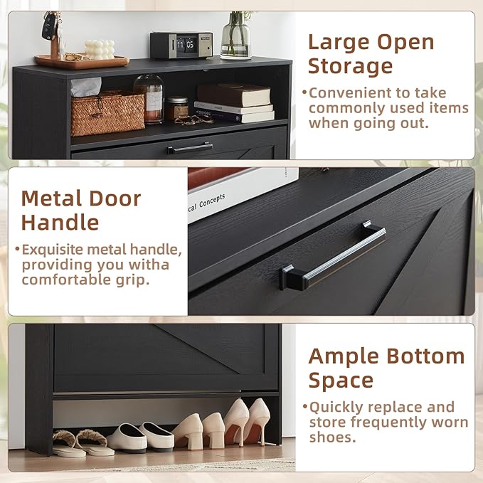 Shoe Storage Cabinet with 2 Flip Drawers, Farmhouse Narrow Shoe Organizer with - Image 4