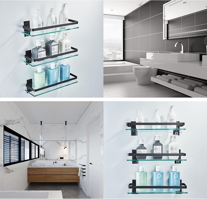 AIJALY 3 Pack Bathroom Glass Shelf, Aluminum Tempered Glass 0.34in Extra Thick - Image 5