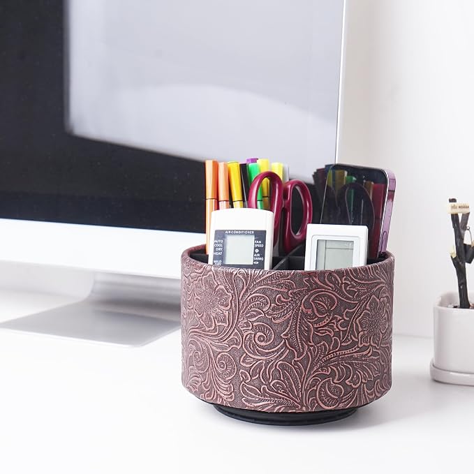 lizimandu Round Leather Art Supply Organizer, Remote Control Holder, 360 Degree - Image 7