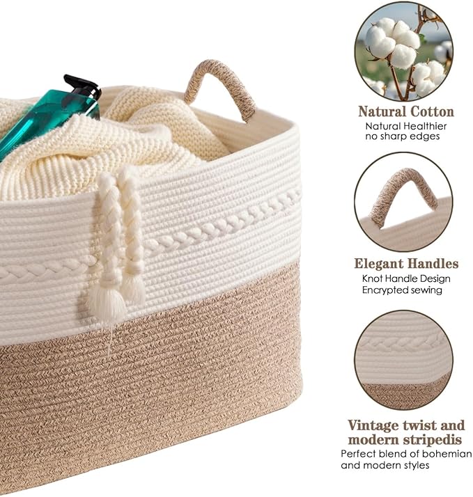 Decorative laundry basket with handles woven from natural cotton rope storage - Image 4