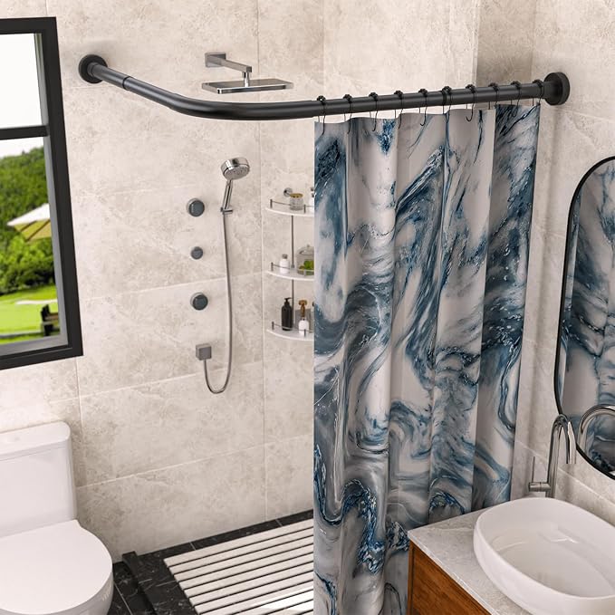 Stretchable 304 Stainless L Shaped Bathroom Bathtub Corner Shower Curtain Rod by Sikaiqi