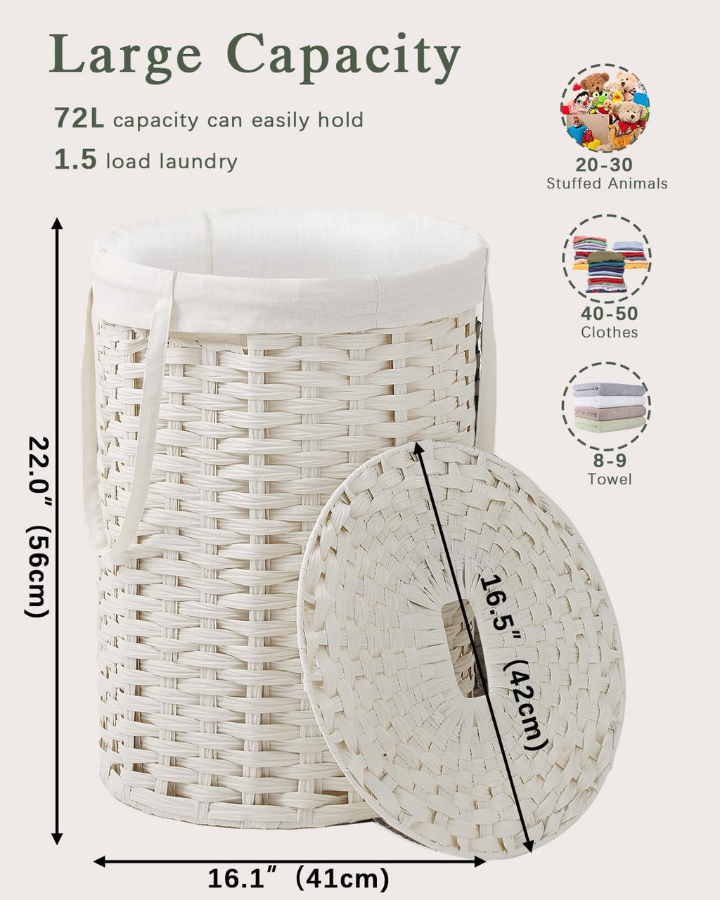 Laundry Hamper with Lid Laundry Basket with Lid 72L, White