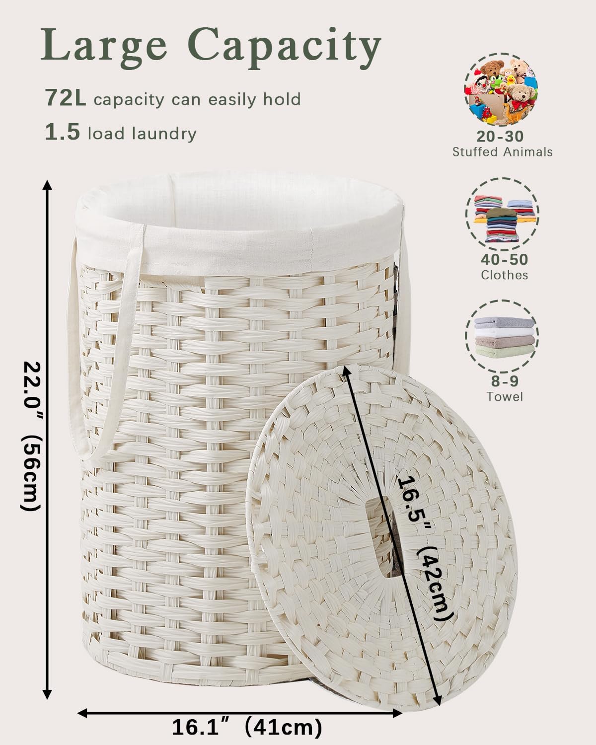 Laundry Hamper with Lid Laundry Basket with Lid 72L, White
