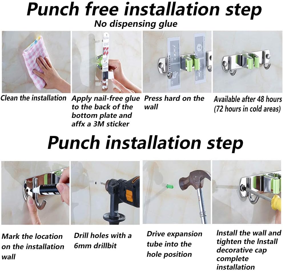 4 PCS Broom Holder Wall Mount with 3 Racks 4 Hooks, Stainless Steel