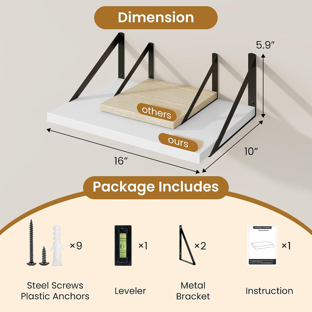 Deep Floating Shelves,16" Wx10 D Floating Shelves for Wall Set of