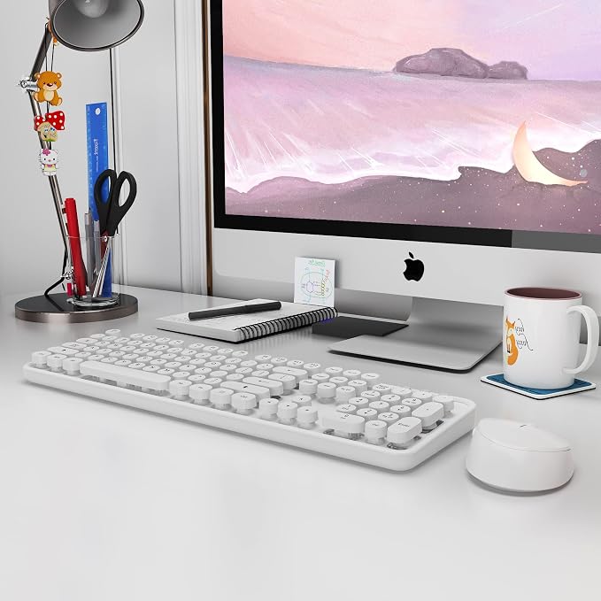 Wireless Keyboard Mouse Combo, 104 Keys Cute White Keyboard - Image 8