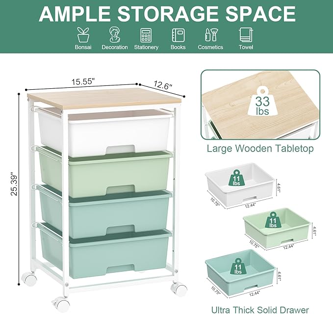 Utility Cart with 4 Drawers, Rolling Storage Cart with Drawers, Storage Rolling - Image 3