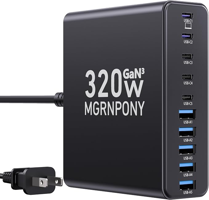 320W USB C Charger Block, 10-Port USB C Charging Station GaN III PD 65W Laptop by MGRNPONY