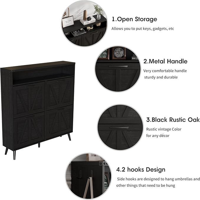 Shoe Cabinet with 4 Flip Drawers, Farmhouse Shoe Storage Cabinet - Image 3