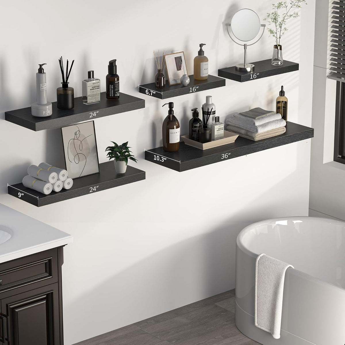Floating Shelves - 16 Inch Rustic Black Wall Shelf - Wall Mounted