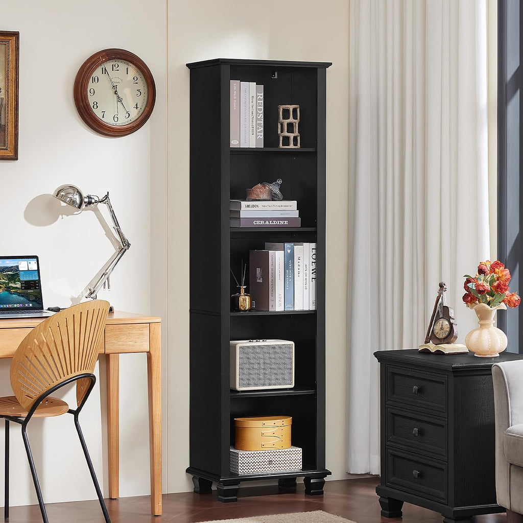 Narrow Black Book Shelf, 70" Tall Skinny Bookshelf with Adjustable