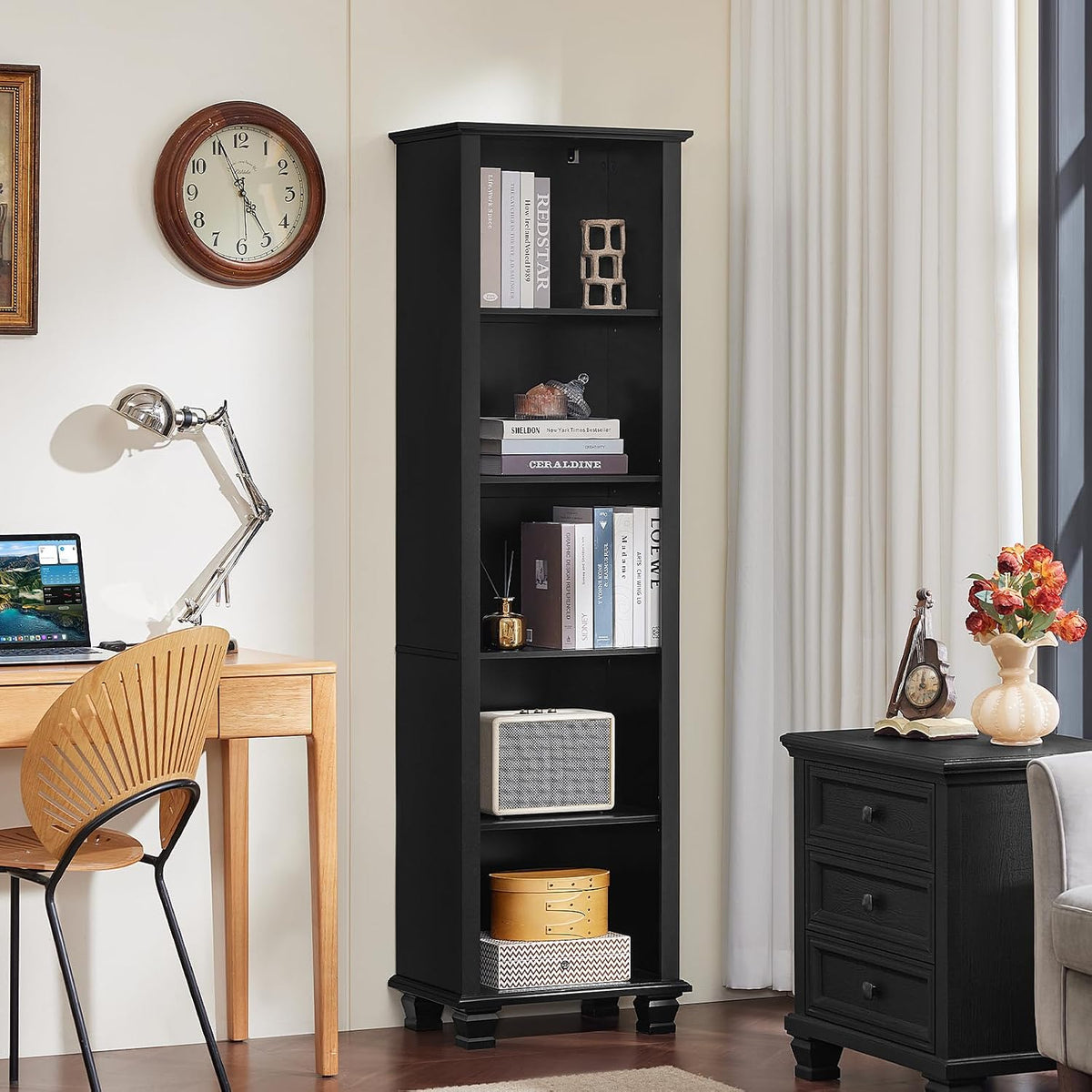 Narrow Black Book Shelf, 70" Tall Skinny Bookshelf with Adjustable