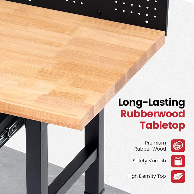 Workbench with Wheels 60 Inch Heavy Duty Rubberwood Tabletop Work Bench - Image 5