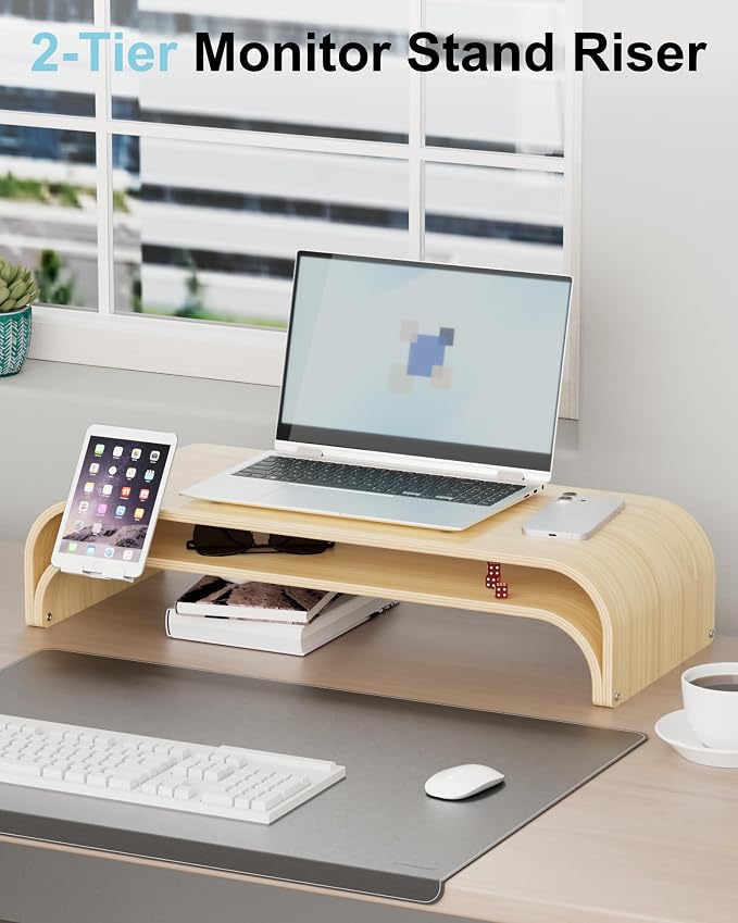 Solid Wood Dual Monitor Stand Riser 2 Tier, 24.1 Inch Desktop Organizer - Image 3