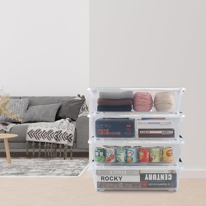 Saedy 4 Pack 25 L Under Bed Storage Box on Wheels, Plastic Lidded Storage - Image 2
