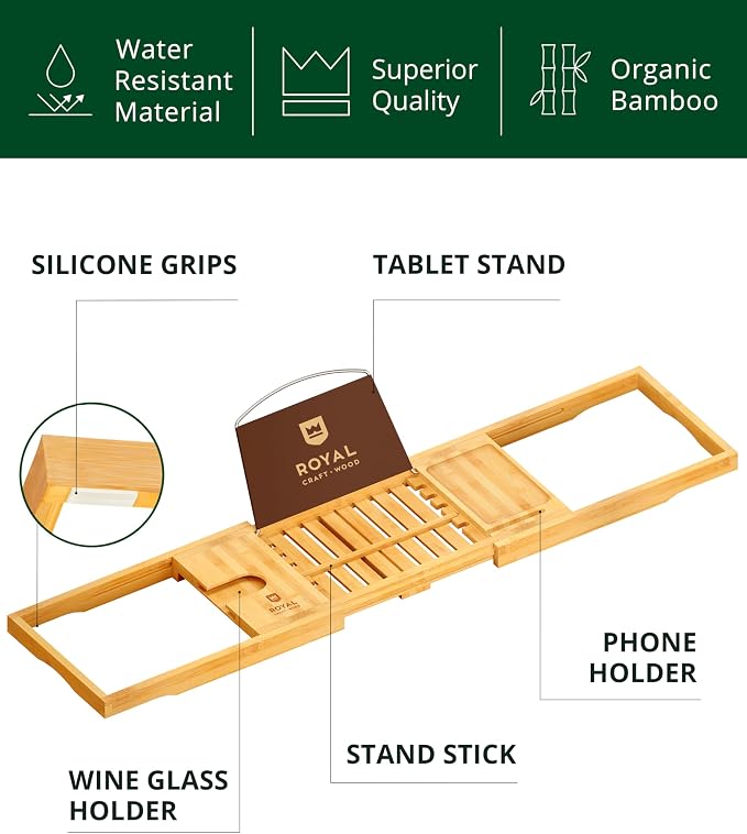 ROYAL CRAFT WOOD Premium Foldable Bathtub Tray Caddy - Image 3