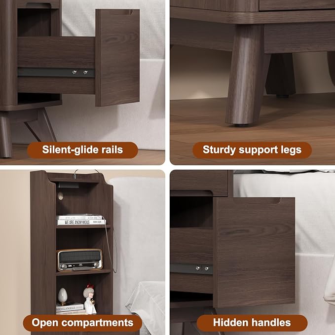 Tall Nightstand with Charging Station, Narrow Side Table with Bookshelf - Image 5