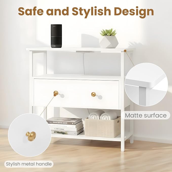 27 Inch Wide Night Stand with Charging Station, Wood Nightstand with Open Shelf - Image 6