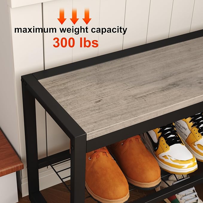 HOMEFORT 2 Tiers Shoe Bench, Retro Industrial Shoe Storage Bench - Image 9