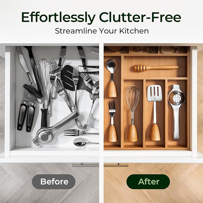 Carbonized Bamboo Kitchen Drawer Organizer, 8 Slots Silverware Organizer - Image 6