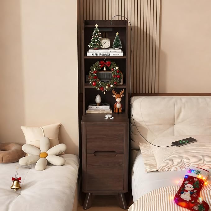 Tall Nightstand with Charging Station, Narrow Side Table with Bookshelf by SOLACEFURNITURE