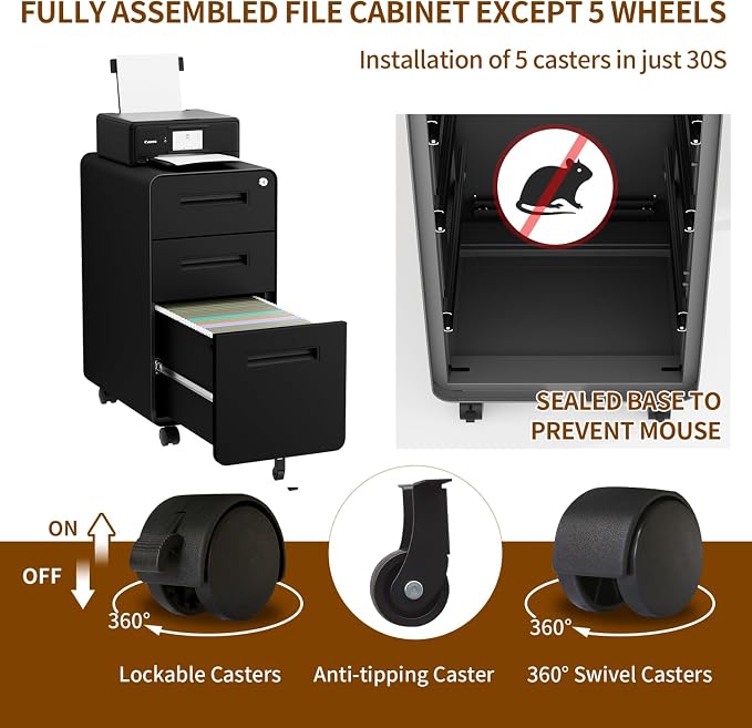 3 Drawer File Cabinet with Lock and 4 Keys, Mobile Metal Filing Cabinet - Image 8