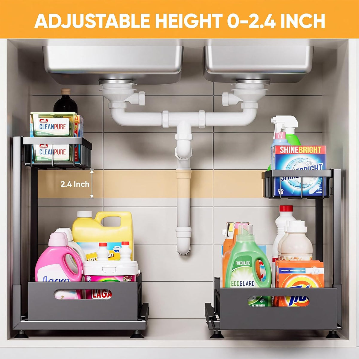 2-Pack L-Shaped Under Sink Organizer, 2-Tier Pull-out Cabinet Rack