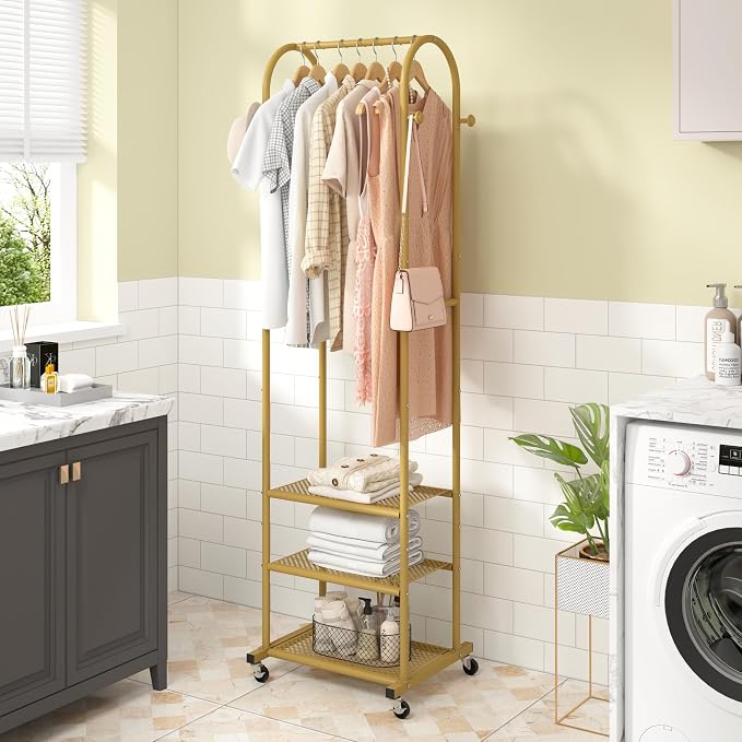 Heavy Duty Clothing Rack with Wheels, Modern Garment Rack with 3 Metal Shelves - Image 7