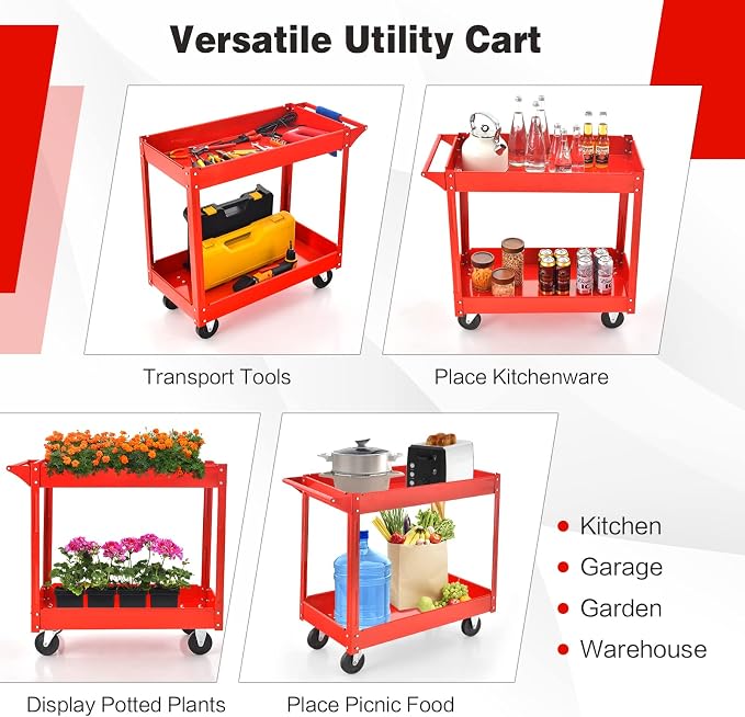 Goplus 2-Tier Utility Cart, Heavy Duty Commercial Service Tool Cart w/Handle - Image 5