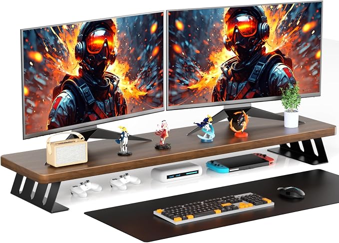 Dual Monitor Stand Riser, 39 Inch Large Wood Monitor Stands by NestNeatHome