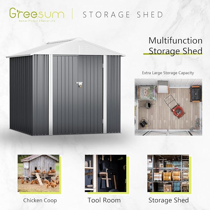 Greesum 6x4FT Outdoor Storage Shed, Utility Tool Shed Metal Storage Garden Shed - Image 5