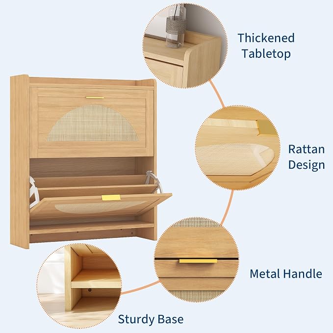 Rattan Shoe Cabinet with 2 Flip Drawers, Natural Wood Shoe Storage Cabinet - Image 5