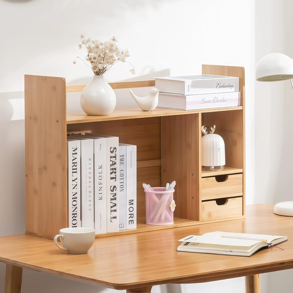 Bamboo Desktop Bookshelf 2-Tier Short Bookshelf with 2 Drawers Desk